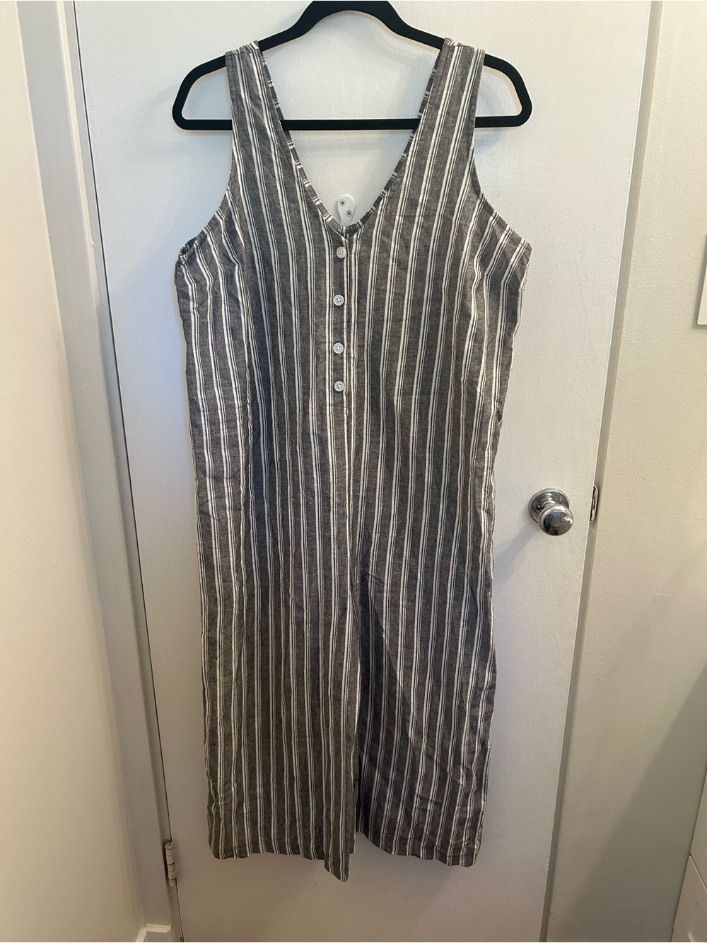 Lake & Dawn Cotton/Linen Striped Sleeveless Button-Front Jumpsuit - Gray & White